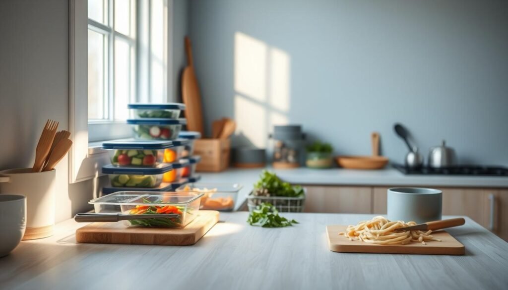 A cozy, minimalist kitchen with light blue accents and sleek wooden textures. On the countertop, an array of meal prep containers, a cutting board with freshly chopped vegetables, and a few kitchen tools neatly arranged. The scene is illuminated by soft, natural lighting from a window, casting a warm glow and gentle shadows. The composition focuses on the efficient use of space and time-saving strategies for quick, healthy meal prep. The atmosphere is one of organization, productivity, and a sense of calm - the perfect setting to illustrate 