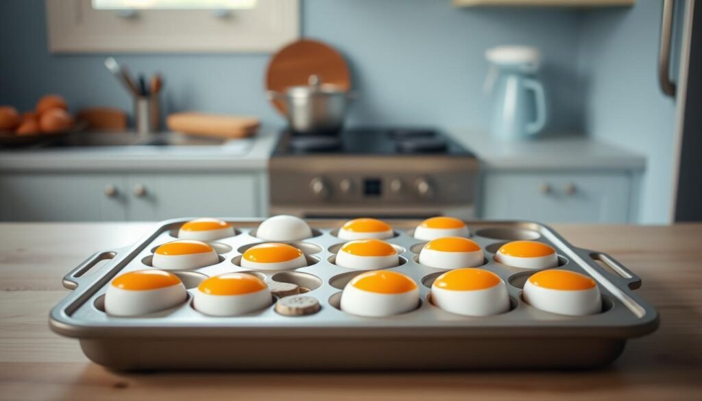A cozy, minimalist kitchen with light blue accents and warm, natural wooden textures. Centered on the counter, a baking tray holds a row of freshly baked eggs, their golden yolks glistening in the soft, indirect lighting. The eggs are arranged neatly, ready to be prepared for a healthy, protein-packed meal. The scene conveys a sense of simplicity, efficiency, and the rewards of meal prepping - a delicious, nutritious start to the day.