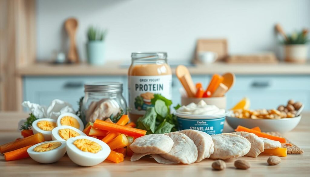 A cozy, minimalist kitchen with light blue accents and warm, wooden textures hosts an assortment of protein-packed cold lunch ingredients. In the foreground, a selection of hard-boiled eggs, sliced chicken breasts, and crunchy vegetables like carrots and bell peppers arrange themselves invitingly. In the middle ground, a jar of protein-rich hummus and a container of creamy Greek yogurt stand ready to accompany the meal. The background features a few whole grain crackers and a small handful of almonds, completing the nutritious and satisfying setup, all captured in a softly lit, natural-feeling scene.