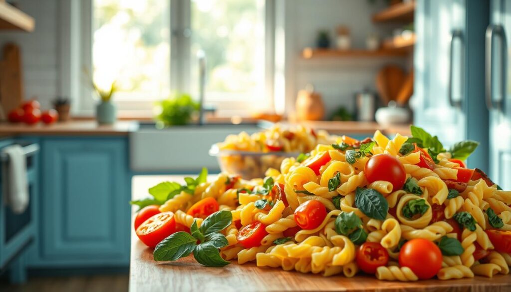 A cozy, minimalist kitchen with light blue accents and warm wooden textures sets the scene for a vibrant display of versatile pasta salads. In the foreground, a mix of colorful vegetables - crisp bell peppers, juicy cherry tomatoes, and fresh herbs - are carefully tossed with al dente pasta. The middle ground features a variety of pasta shapes, from spiral fusilli to short penne, all dressed in a light, tangy vinaigrette. Sunlight filters through the kitchen window, casting a soft, natural glow over the scene, highlighting the textures and colors of this nourishing, summer-ready dish.