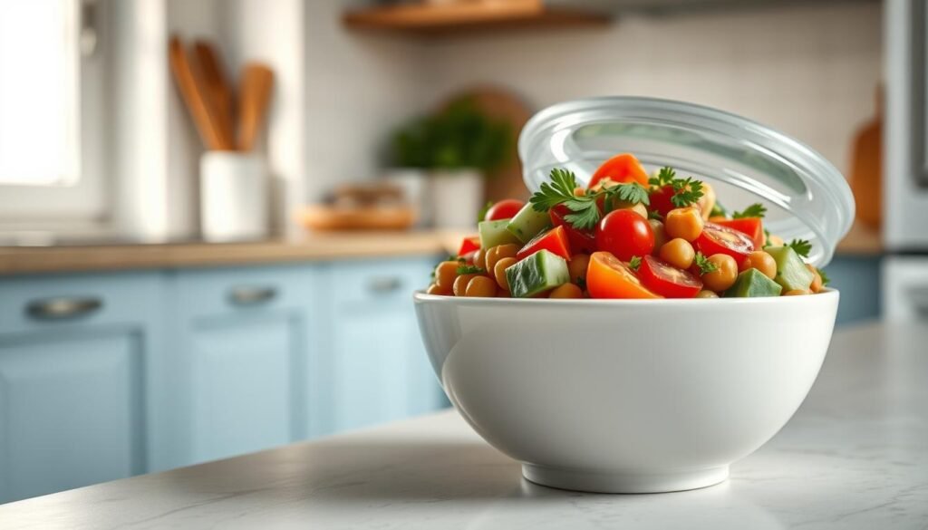 A cozy, minimalist kitchen with light blue accents and warm wooden textures sets the stage for a delectable vegan chickpea salad meal prep. In the foreground, a white ceramic bowl overflows with a vibrant mixture of chickpeas, diced cucumber, cherry tomatoes, and finely chopped parsley, dressed in a creamy tahini-lemon dressing. The middle ground features a glass meal prep container, its lid slightly ajar, revealing layers of the flavorful salad, ready to be enjoyed. Soft, natural lighting filters through the kitchen window, casting a gentle glow over the scene, accentuating the freshness and healthfulness of this plant-based lunch option.