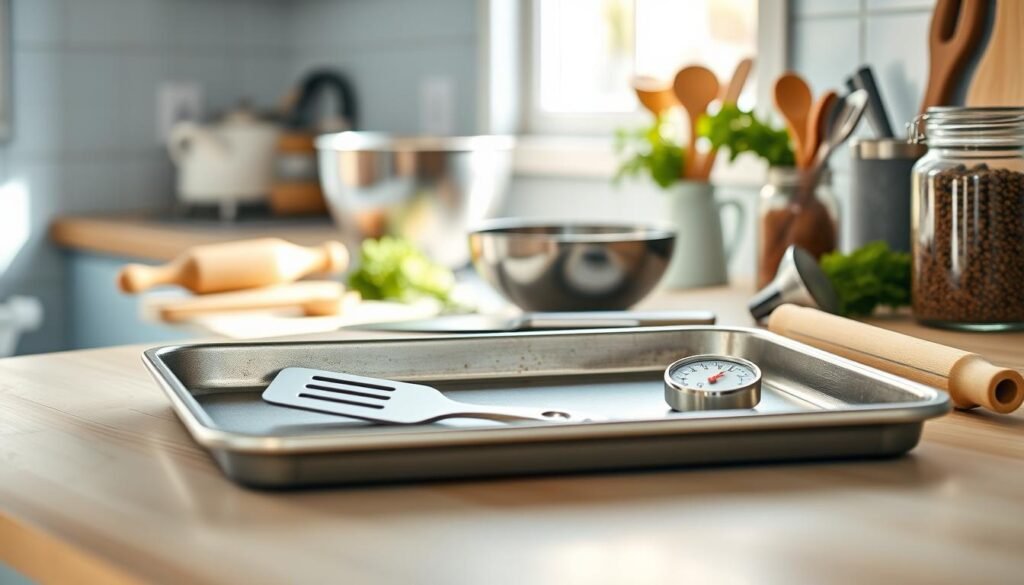 A cozy, minimalist kitchen with light blue accents and warm wooden textures showcases an assortment of baking tools essential for effortless sheet pan cooking. In the foreground, a sturdy metal baking sheet, a silicone spatula, and a food thermometer lie neatly arranged. In the middle ground, a stainless steel mixing bowl, a reliable chef's knife, and a bundle of fresh herbs add depth and texture. The background features a rolling pin, a set of measuring cups and spoons, and a jar of aromatic spices, all bathed in soft, natural lighting that enhances the scene's inviting ambiance.