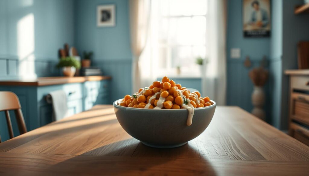 A cozy, minimalist kitchen with light blue accents and warm wooden textures. In the center, a delectable Buddha bowl overflows with vibrant chickpeas, drizzled in rich, creamy tahini sauce. The bowl sits atop a simple wooden table, casting gentle shadows as soft, diffused light filters through a nearby window. The scene exudes a sense of nourishment and tranquility, inviting you to savor the origins and inspirations behind this wholesome, plant-based meal.