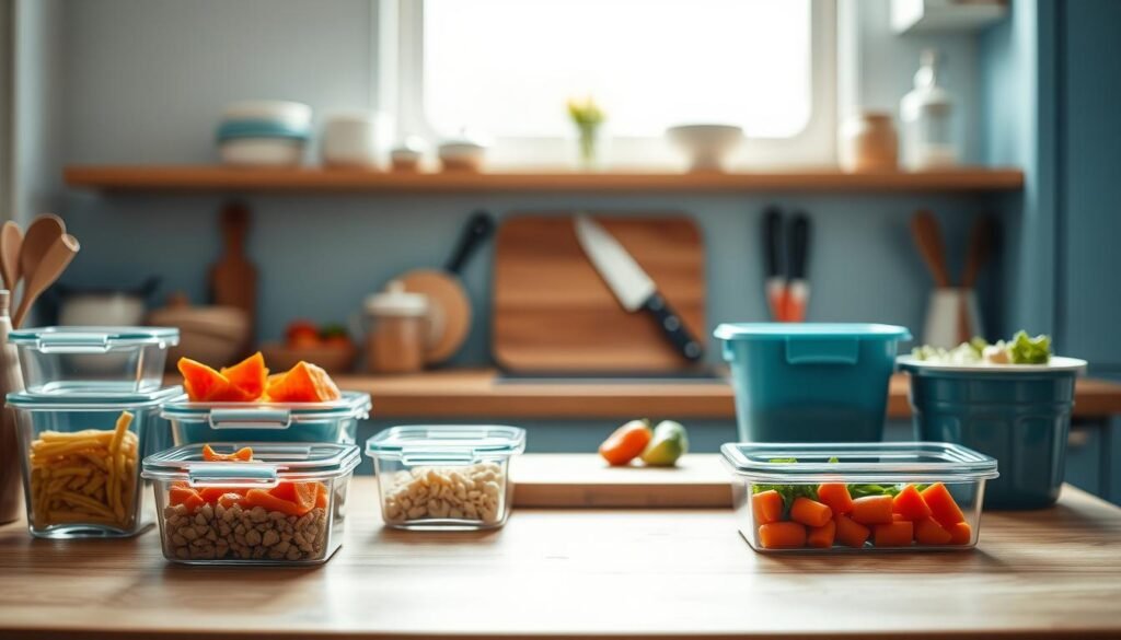 A cozy, minimalist kitchen with light blue accents and warm wooden textures. Neatly organized containers in the foreground hold prepped ingredients, while in the middle, a cutting board and sharp knives suggest efficient meal preparation. The background features a clean backsplash and subtle, natural lighting that casts a calming ambiance, conveying a sense of structure and intentionality. The scene exudes a mood of organized productivity, inspiring the viewer to approach their own meal prepping with a similar level of thoughtfulness and care.