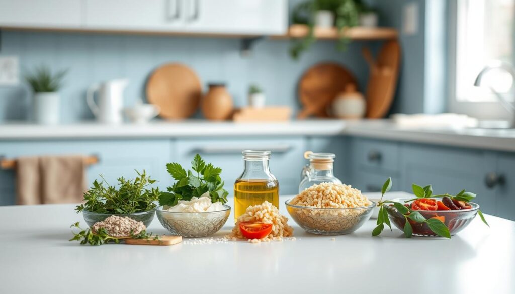 A cozy, minimalist kitchen with light blue accents and warm wooden textures. On a clean, white countertop, an assortment of pasta salad seasonings are neatly arranged: fresh herbs, grated parmesan, toasted breadcrumbs, dried tomatoes, and a small glass jar of olive oil. The lighting is soft and diffused, highlighting the vibrant colors and textures of the ingredients. The overall atmosphere conveys a sense of balance, simplicity, and the flavorful potential of these humble, calorie-conscious additions to a cold pasta salad.
