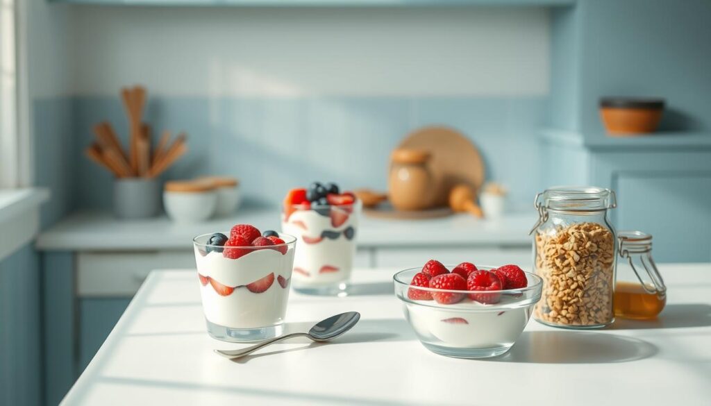 A cozy, minimalist kitchen with light blue accents and warm wooden textures. On a clean white counter, an arrangement of fresh yogurt, berries, granola, and honey jars, perfectly positioned for a delectable yogurt parfait. The scene is illuminated by soft, natural light, casting a gentle glow and highlighting the vibrant colors and textures of the ingredients. A small glass bowl, a metal spoon, and a glass jar stand ready, waiting to be transformed into a nourishing and delightful lunchbox meal.