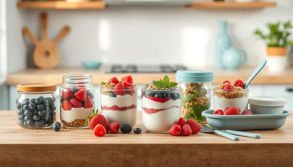 A cozy, minimalist kitchen with light blue accents and warm wooden textures. On a clean, wooden surface, an arrangement of glass jars, plastic containers, and reusable utensils showcases different methods for packaging and storing yogurt parfaits. Fresh berries, granola, and herbs add pops of color, while a soft, diffused light creates a serene, inviting atmosphere. The composition highlights the practical and visually appealing ways to prepare and transport these no-heat lunchbox meals, perfect for on-the-go enjoyment.