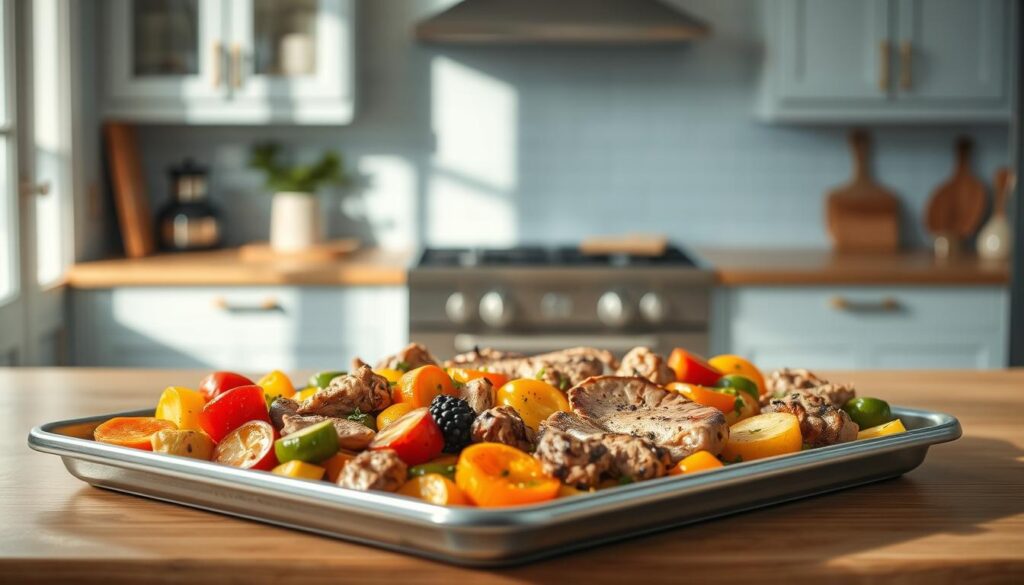 A cozy, minimalist kitchen with light blue accents and warm wooden textures. On a large, stainless steel sheet pan, an array of vibrant vegetables and tender cuts of meat are roasted to perfection, their aroma filling the air. The lighting is soft and natural, casting a gentle glow over the scene. The composition is clean and balanced, showcasing the appeal of this effortless, one-pan meal preparation. A sense of simplicity and healthfulness permeates the image, reflecting the joy of exploring the convenience and nutritional benefits of sheet pan dinners.