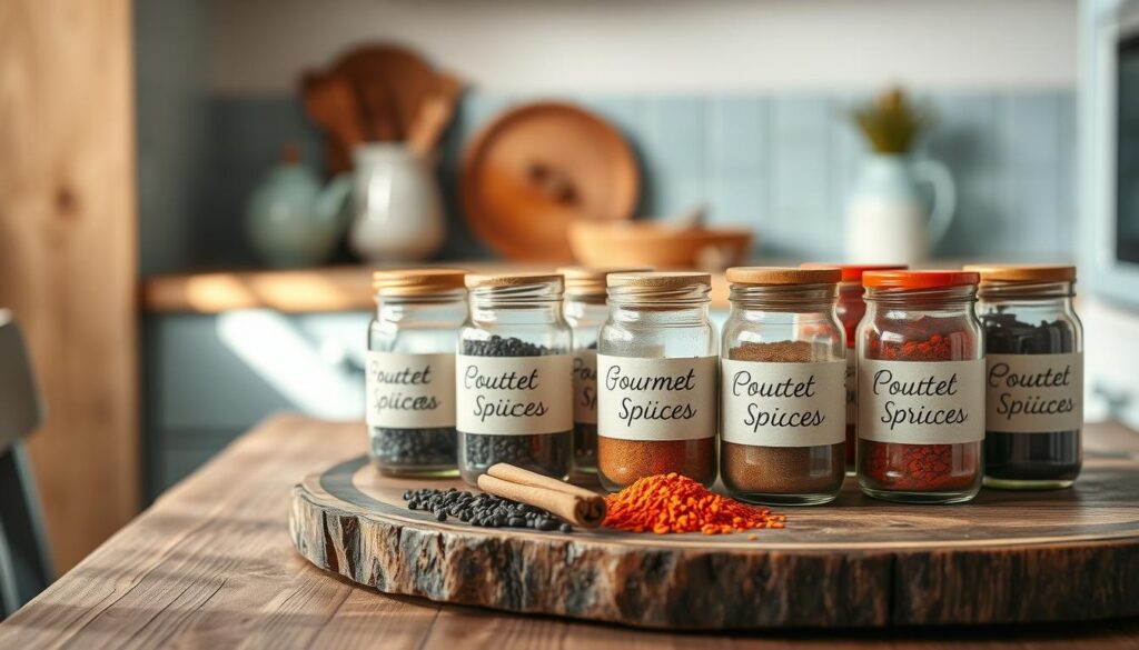 A cozy, minimalist kitchen with light blue accents and warm wooden textures. On a rustic wooden table, an assortment of budget-friendly gourmet spices sit in simple glass jars, their labels hand-written in elegant script. The soft, natural lighting casts a gentle glow, highlighting the rich hues and textures of the spices - crushed black peppercorns, fragrant cinnamon sticks, vibrant paprika, and more. The arrangement exudes a sense of simplicity and kitchen-friendly utility, inviting the viewer to imagine the flavorful dishes these spices could transform.