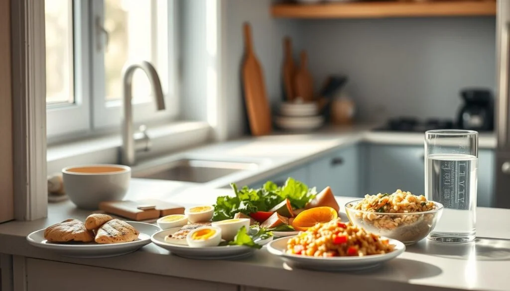 A cozy, minimalist kitchen with light blue accents and warm wooden textures. On the clean counter, a selection of high-protein meal prep ideas arranged neatly - grilled chicken breasts, hard-boiled eggs, roasted vegetables, quinoa salad, and a glass of water. Soft, natural lighting filters through the window, casting a gentle glow on the wholesome, energy-boosting ingredients. The scene exudes a sense of focus and simplicity, perfectly capturing the essence of 