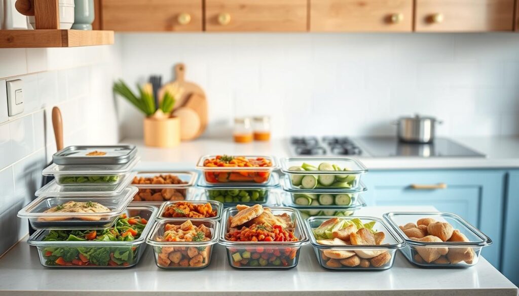 A cozy, minimalist kitchen with light blue accents and warm wooden textures. On the clean countertop, an assortment of freshly prepared, freezer-friendly meals neatly arranged - hearty stews, vibrant vegetable dishes, and expertly portioned lean proteins. A soft, natural light filters in, highlighting the textural details of the containers and the steam gently rising from the dishes. The scene conveys a sense of organization, efficiency, and a dedication to mindful meal planning, perfect for the 