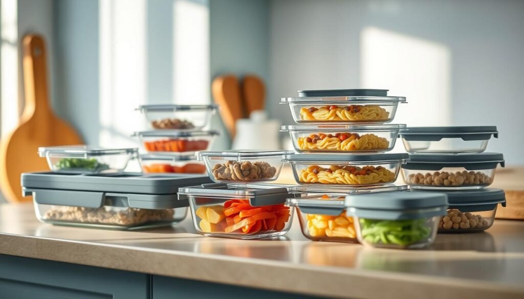 A cozy, minimalist kitchen with light blue accents and warm wooden textures. On the counter, various meal prep containers are neatly arranged - rectangular glass dishes, stackable compartment trays, and airtight silicone lids. The containers are of different sizes, shapes, and materials, offering a range of options for organizing meals. The lighting is soft and diffused, highlighting the clean lines and functional design of the containers. The scene conveys a sense of thoughtful preparation, with the containers serving as the focal point, ready to help streamline the meal prep process.