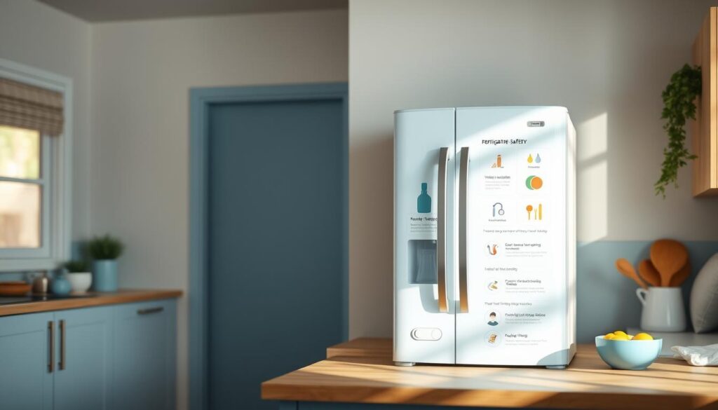 A cozy, minimalist kitchen with light blue accents and warm wooden textures. On the counter, a refrigerator stands prominently, its sleek design blending seamlessly with the surroundings. Displayed on the refrigerator's surface are infographics detailing refrigeration safety guidelines, including recommended storage temperatures, safe handling practices, and proper food storage methods. The lighting is soft and natural, casting a gentle glow that illuminates the informative visuals. The overall atmosphere conveys a sense of order, cleanliness, and a commitment to food safety.