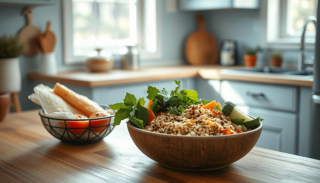 A cozy, minimalist kitchen with light blue accents and warm wooden textures. On the counter, a selection of budget-friendly ingredients - hearty grains, fresh vegetables, and lean protein - artfully arranged in a rustic ceramic bowl. Natural light streams in, casting a soft glow on the scene. The mood is calm and inviting, inspiring thoughts of simple, nourishing meals. The camera captures this setup at a low angle, emphasizing the textures and colors of the ingredients. This image evokes the essence of wholesome, budget-friendly grain bowl recipes.