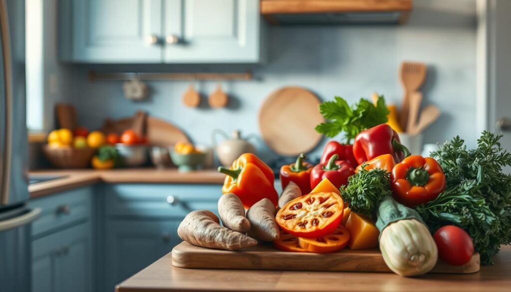 A cozy, minimalist kitchen with light blue accents and warm wooden textures. On the counter, a neatly arranged meal prep display showcases vibrant sweet potatoes, bell peppers, and other fresh, colorful vegetables. The lighting is soft and natural, highlighting the intricate textures and vivid hues of the ingredients. The scene evokes a sense of wholesome, homemade goodness, inviting the viewer to imagine the delicious and nutritious meal that could be prepared from these simple, yet versatile, ingredients.