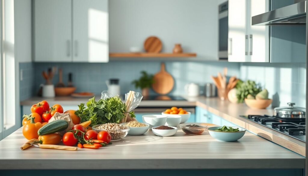 A cozy, minimalist kitchen with light blue accents and warm wooden textures. On the counter, an array of international meal prep ingredients: fresh vegetables, fragrant spices, whole grains, and colorful sauces. Soft, directional lighting casts a natural glow, highlighting the vibrant colors and textures. Stainless steel appliances and clean, simple lines create a serene, inspirational setting for exploring diverse dinner meal prep ideas from around the world.