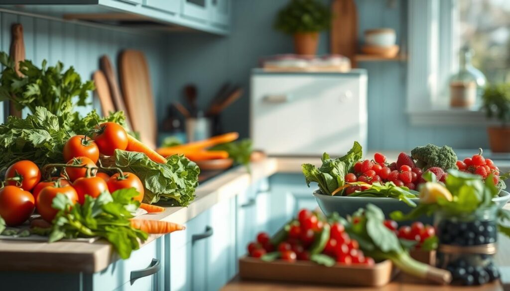 A cozy, minimalist kitchen with light blue accents and warm wooden textures. On the counter, an assortment of fresh produce from the nearby farmers market - crisp greens, juicy tomatoes, crunchy carrots, and vibrant berries. Nearby, an array of no-heat lunch recipes is displayed, showcasing simple, wholesome ingredients that can be easily assembled without any cooking. The scene is bathed in soft, natural light, creating a calming and inviting atmosphere that inspires creativity and nourishment.