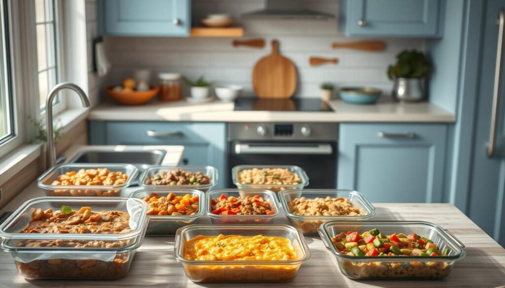 A cozy, minimalist kitchen with light blue accents and warm wooden textures. On the counter, an array of freshly prepared one-pan dinners, ready to be frozen and enjoyed later. Hearty stews, casseroles, and veggie-packed meals sit in various containers, their vibrant colors and textures hinting at the nourishing flavors within. The scene exudes a sense of efficiency and intentionality, with every element working in harmony to support a sustainable, energy-conscious approach to meal preparation.