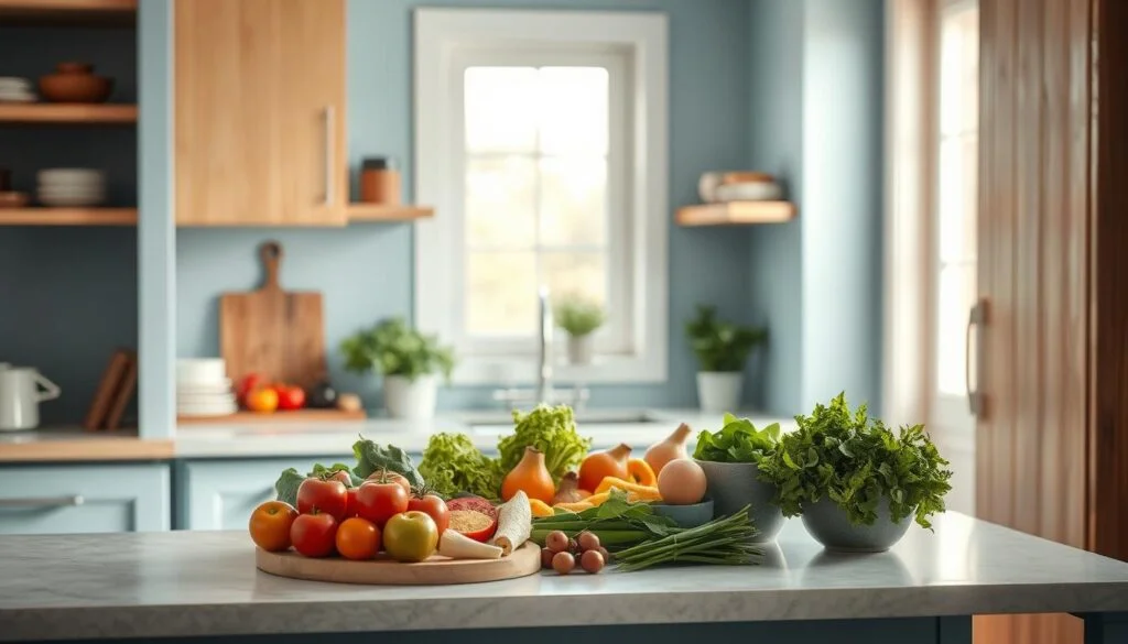 A cozy, minimalist kitchen with light blue accents and warm wooden textures. On the countertop, a variety of fresh, colorful ingredients neatly arranged, suggesting a stress-free meal prep session. Soft, natural lighting casts a calming glow, highlighting the process of efficiently planning and preparing healthy, delicious meals for the upcoming workweek. The scene conveys a sense of control, organization, and a tranquil approach to maintaining a balanced diet, free from the burden of daily meal decisions.