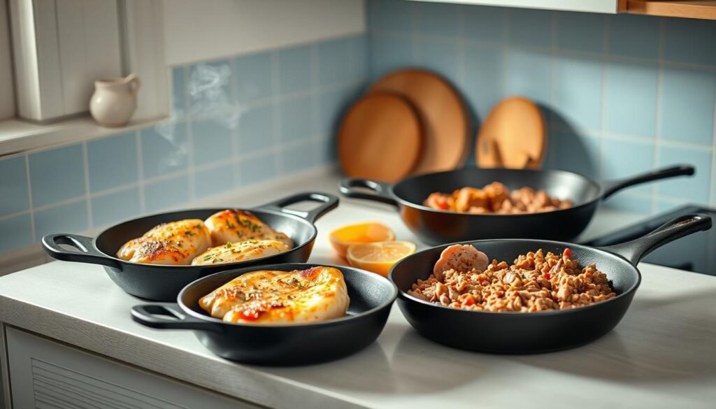 A cozy, minimalist kitchen with light blue accents and warm wooden textures. On the countertop, a selection of lean protein sources, including chicken breasts, turkey cutlets, and lean ground beef, sizzling in cast-iron skillets. The proteins are perfectly seared, exhibiting a golden-brown crust, while maintaining a juicy, tender interior. Gentle steam rises, filling the air with the aroma of herbs and spices. The lighting is soft and diffused, casting a comforting glow over the scene, emphasizing the textures and colors. The focus is on the expertly prepared proteins, showcasing techniques for maintaining their perfect texture and flavor.