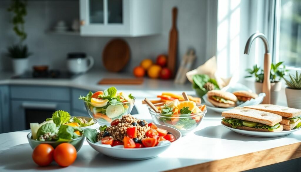 A cozy, minimalist kitchen with light blue accents and warm wooden textures. On the countertop, an assortment of tempting cold lunch options neatly arranged: crisp salads, colorful grain bowls, fresh fruit, and savory sandwiches. The scene is bathed in soft, diffused natural light, creating a serene and inviting atmosphere. The composition emphasizes the variety and visual appeal of these portable, flavorful work lunch ideas, ready to fuel the day ahead.