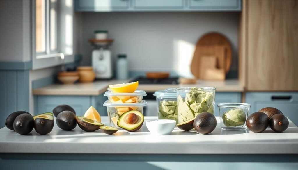 A cozy, minimalist kitchen with light blue accents and warm wooden textures. On the countertop, an arrangement of ripe avocados in various stages of slicing and mashing, accompanied by airtight glass containers, lemon wedges, and a small bowl of sea salt. Soft, diffused natural light illuminates the scene, highlighting the rich green hues and creamy textures of the avocados. The overall atmosphere conveys a sense of simplicity and efficiency, guiding the viewer through effective storage tips to preserve the freshness and color of these versatile ingredients.