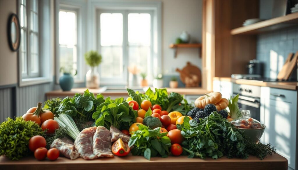 A cozy, minimalist kitchen with light blue accents and warm wooden textures. On the countertop, an assortment of fresh ingredients - crisp greens, vibrant vegetables, tender meats, and aromatic herbs - arranged artfully, inviting the viewer to imagine the endless meal combinations that can be created. The natural lighting from large windows casts a soft, flattering glow, highlighting the diverse colors and textures of the ingredients. The focus is on the ingredients themselves, emphasizing the flexibility and creativity of a modular, customizable meal prep system to maximize variety and satisfy any culinary preference.