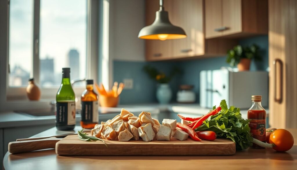 A cozy, minimalist kitchen with light blue accents and warm wooden textures. On the countertop, a cutting board holds freshly chopped chicken, tofu, and an array of vibrant Asian vegetables. Bottles of soy sauce, sesame oil, and chili paste stand ready, casting soft shadows. The subtle glow of a pendant light illuminates the scene, creating a calming, focused atmosphere perfect for meal prep. In the background, a window offers a glimpse of the city skyline, hinting at the busy workweek ahead. This image captures the essence of an Office Meal Prep Asian Inspired: Recipes for the Workweek.