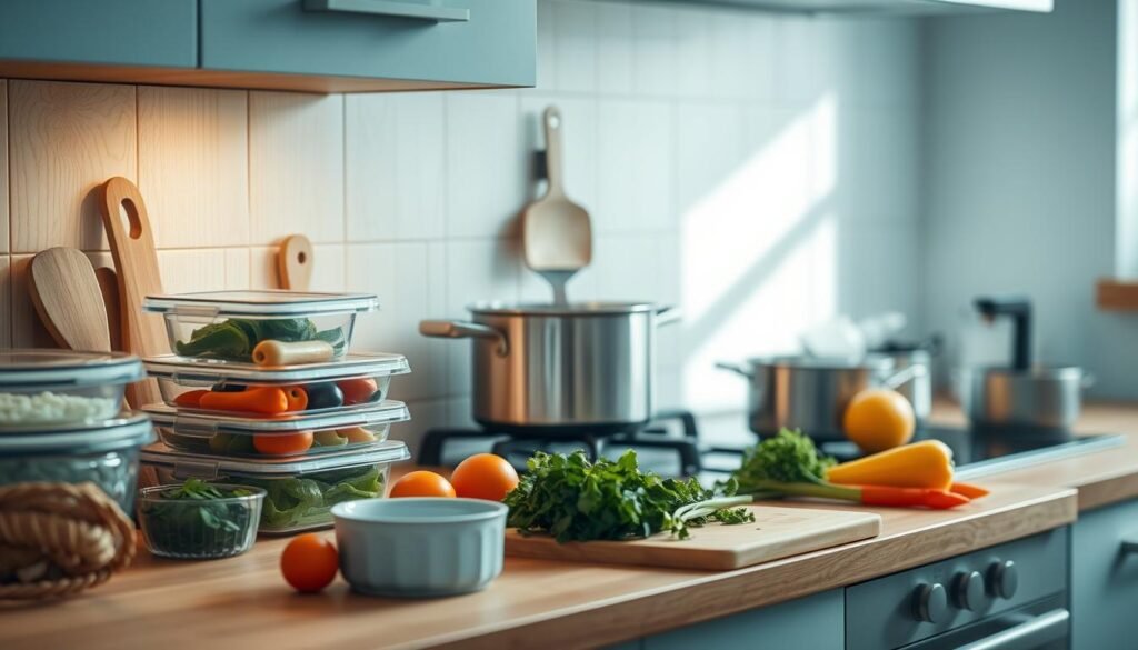 A cozy, minimalist kitchen with light blue accents and warm wooden textures. On the countertop, a selection of meal prep containers, a cutting board, and neatly arranged vegetables and herbs. A steaming pot simmers on the stove, filling the air with the aroma of a healthy, time-saving meal. The lighting is soft and natural, casting a gentle glow over the scene. Strategically placed utensils and appliances suggest an efficient, well-planned workflow for meal preparation. The overall atmosphere is one of organization, mindfulness, and a passion for nourishing, aesthetically pleasing food.