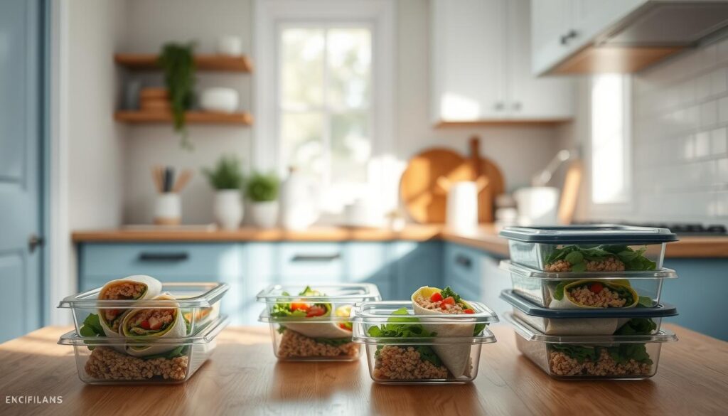 A cozy, minimalist kitchen with light blue accents and warm wooden textures. On the kitchen counter, a selection of neatly prepared meal prep containers filled with vibrant, high-protein wraps made with whole grains. Sunlight streams in through a window, casting a soft, natural glow over the scene. The meal prep items are arranged in an aesthetically pleasing manner, highlighting the lifestyle benefits of this healthy, organized approach to meal planning. The overall atmosphere conveys a sense of calm, productivity, and a balanced, nourishing way of living.