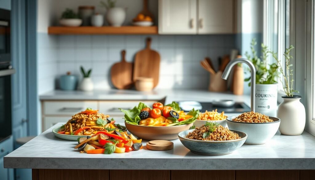 A cozy, minimalist kitchen with light blue accents and warm wooden textures. Various diabetic-friendly global dishes are artfully arranged on the countertop, including a vibrant stir-fry with Asian vegetables, a Mediterranean-style roasted vegetable platter, and a hearty lentil and quinoa salad. The natural light from a nearby window casts a soft, inviting glow over the scene, highlighting the diverse flavors and textures of these healthy, blood sugar-friendly meals.