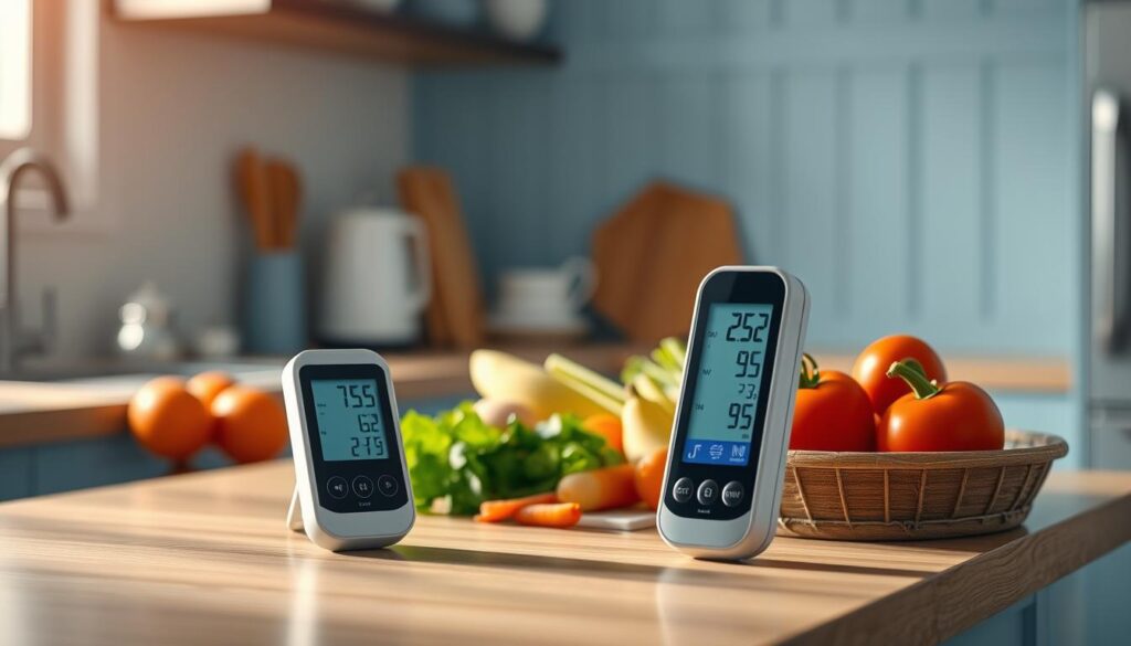A cozy, minimalist kitchen with light blue accents and wood textures. On the counter, a digital food thermometer displays the optimal temperature range for food safety, surrounded by an assortment of fresh ingredients, neatly arranged. Warm, soft lighting gently illuminates the scene, highlighting the importance of temperature control in office meal prep. The image conveys a sense of order, cleanliness, and attention to detail, emphasizing the critical role of proper temperature management in maintaining food safety standards.