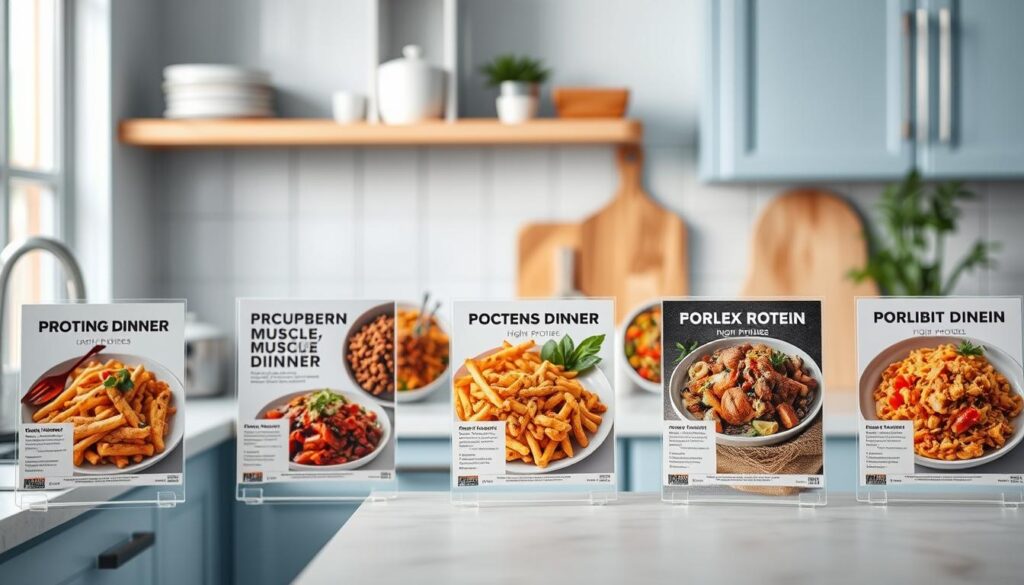 A cozy, minimalist kitchen with light blue accents and wooden textures provides the backdrop for a comprehensive high protein recipe list. Neatly arranged recipe cards showcase a variety of hearty, muscle-building dinner options, each featuring bold, mouthwatering photography. Soft, diffused lighting casts a warm glow, while the clean, uncluttered composition draws the eye to the delectable dishes. The scene exudes a sense of culinary inspiration and healthy living, perfectly encapsulating the 