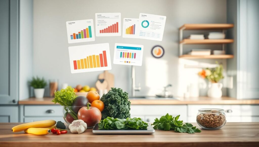 A cozy, minimalist kitchen with light blue accents and wooden textures serves as the backdrop for a data-driven meal planning session. Colorful graphs, charts, and infographics float above a neatly organized collection of healthy ingredients - crisp vegetables, lean proteins, and whole grains. The soft, even lighting casts a warm glow, creating an atmosphere of thoughtful planning and culinary inspiration. A tablet or laptop rests on the counter, displaying personalized meal recommendations tailored to the dietary needs and preferences of a family of picky eaters. This data-driven meal strategy aims to overcome challenges and encourage nutritious, enjoyable meals.