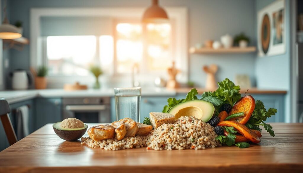 A cozy, minimalist kitchen with light blue accents and wooden textures serves as the backdrop for a visually appealing protein-packed lunch. On a clean wooden table, a variety of healthful ingredients are artfully arranged, including grilled chicken, fresh avocado, quinoa, roasted vegetables, and a glass of refreshing water. The natural lighting casts a soft, warm glow, highlighting the vibrant colors and textural details of the meal. The overall composition conveys the benefits of a well-balanced, high-protein lunch that can fuel a busy lifestyle, promoting energy, satiety, and optimal nutrition.