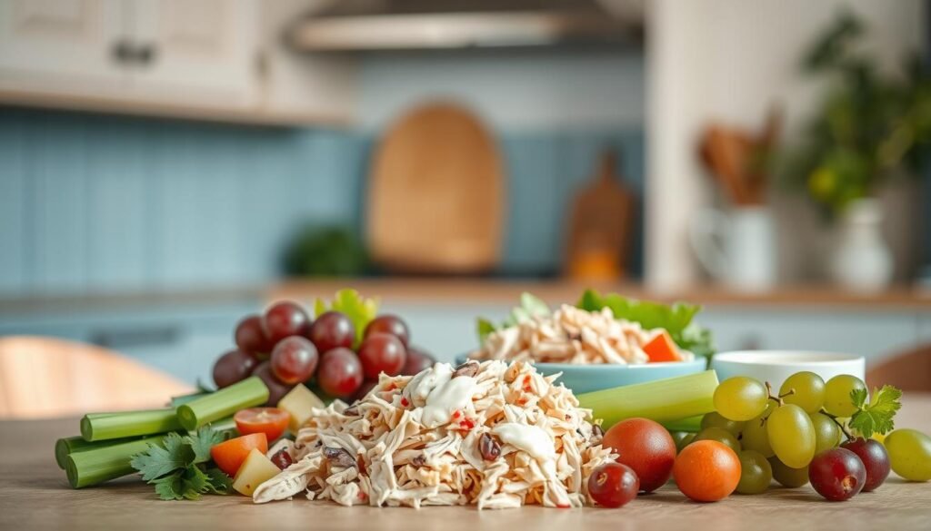 A cozy, minimalist kitchen with light blue accents and wooden textures serves as the backdrop for an array of fresh and vibrant chicken salad options. In the foreground, an assortment of ingredients unfolds - tender shredded chicken, crisp celery, juicy grapes, and a creamy dressing that glistens in the soft, natural lighting. The composition is artfully arranged, showcasing the simplicity and nutrition of these quick, no-reheat office meal prep solutions. The overall mood is one of health, efficiency, and culinary delight, inviting the viewer to explore these delectable chicken salad recipes.