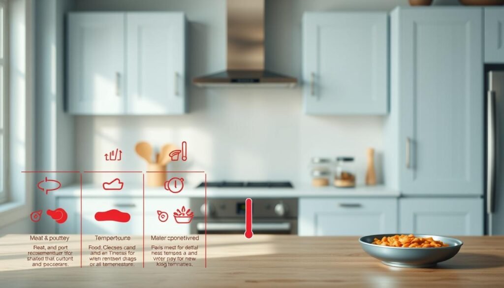 A cozy, minimalist kitchen with light blue accents and wooden textures serves as the backdrop for a set of detailed food temperature safety guidelines. In the foreground, a series of icons and infographics illustrate the recommended temperature ranges for safe reheating, from meat and poultry to leftovers and casseroles. The middle ground features a clean, well-lit countertop displaying a variety of meal prep containers, providing a sense of practical application. The overall mood is informative and visually appealing, with a focus on conveying essential food safety knowledge in an accessible, design-forward manner.