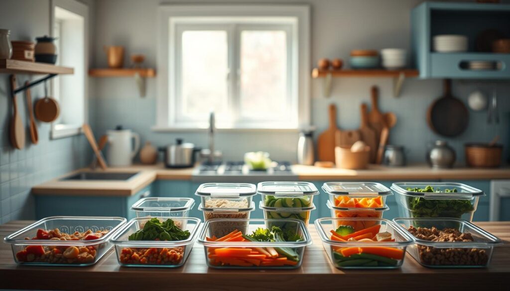 A cozy, minimalist kitchen with light blue accents and wooden textures serves as the backdrop for a visual timeline of meal prep. In the foreground, a series of neatly arranged containers showcases the step-by-step process, from chopping fresh vegetables to assembling complete dishes. The mid-ground features a mix of kitchen tools and utensils, all positioned to suggest an efficient workflow. Soft, natural lighting illuminates the scene, creating a warm and inviting atmosphere that reflects the article's focus on maximizing batch cooking for mealtime convenience.