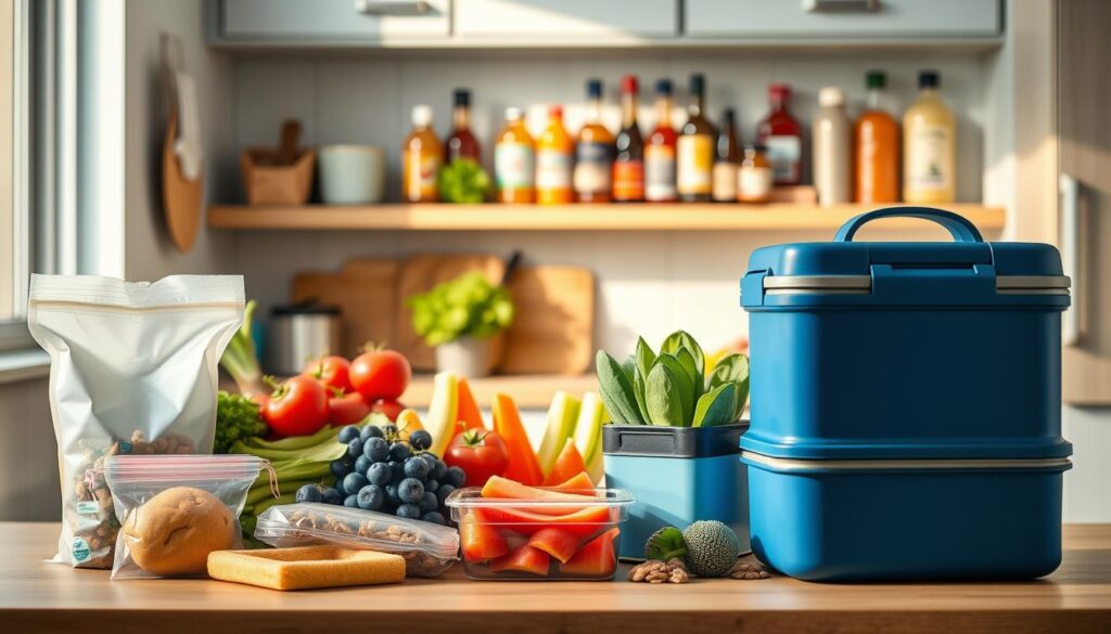 A cozy, minimalist kitchen with light blue accents and wooden textures sets the scene for an array of no-fridge lunch packaging techniques. In the foreground, reusable silicone bags, stainless steel containers, and insulated lunch boxes stand ready to hold a variety of fresh, healthy ingredients. The middle ground showcases vibrant fruits, vegetables, and protein-rich snacks, carefully arranged to maximize nutrition and flavor without the need for refrigeration. In the background, a neatly organized shelf displays a selection of shelf-stable condiments, sauces, and dressings to complement the portable lunches. Warm, diffused lighting casts a cozy glow, highlighting the thoughtful preparation and attention to food safety in this no-fridge meal prep setup.