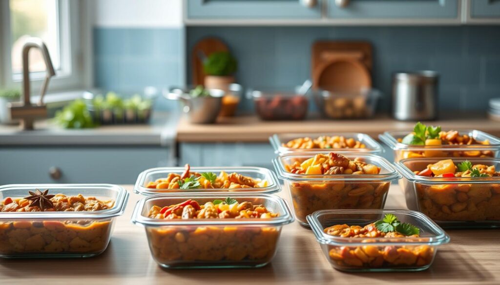 A cozy, minimalist kitchen with light blue accents and wooden textures sets the scene for an array of neatly organized meal prep containers featuring a steaming curry dish. The enticing aroma fills the air, hinting at the global flavors and nourishing benefits of this convenient, make-ahead meal. Strategically placed ingredients, such as fragrant spices, fresh herbs, and colorful vegetables, suggest the well-balanced and flavorful nature of the curry. The overall mood is one of efficiency, health, and the joys of culinary exploration, inviting the viewer to consider the advantages of curry-based meal prep for the workweek.