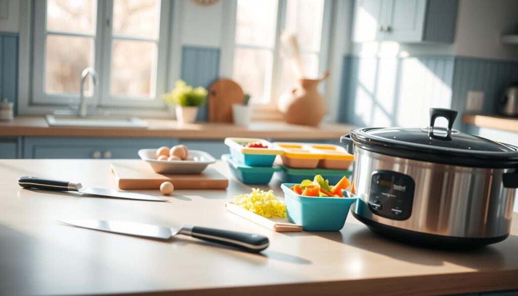 A cozy, minimalist kitchen with light blue accents and wooden textures sets the scene. On the counter, various meal prep tools are neatly arranged: a sharp chef's knife, a sleek mandoline slicer, and a set of color-coded meal containers. The warm, natural lighting from large windows casts a soft glow, illuminating the efficient, time-saving techniques on display. A row of freshly chopped vegetables and a slow cooker simmering a hearty stew create a welcoming, homemade atmosphere, inspiring the viewer to adopt these practical, no-fuss approaches to office meal prep.