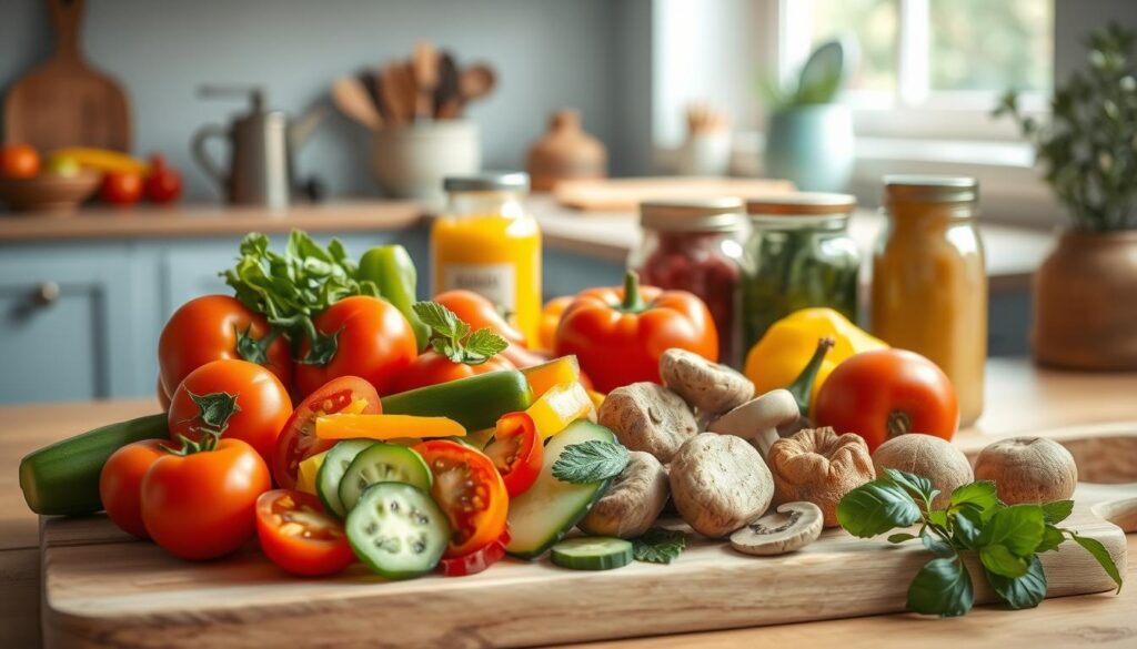 A cozy, minimalist kitchen with light blue accents and wooden textures sets the stage for a vibrant display of creative cold lunch ingredient combinations. In the foreground, a mix of colorful, fresh produce - juicy tomatoes, crisp cucumbers, vibrant peppers, and earthy mushrooms - are artfully arranged on a wooden cutting board. In the middle ground, jars of flavorful condiments, such as tangy mustard and aromatic herbs, provide the perfect accompaniment. The background features a simple, uncluttered counter, allowing the natural light to bathe the scene in a warm, inviting glow, encouraging the imagination to explore new and exciting flavor pairings for cold lunch recipes.