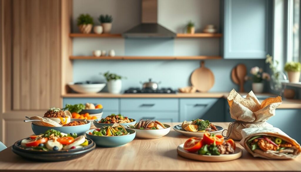 A cozy, minimalist kitchen with light blue accents and wooden textures sets the stage for a vibrant display of viral social media recipes. In the foreground, a variety of colorful, high-protein dishes - from hearty breakfast bowls to savory lunch wraps - are neatly arranged, showcasing the diverse range of nutritious and delectable options trending online. The middle ground features a sleek, wooden table, inviting the viewer to explore the recipes in detail, while the background maintains a sense of simplicity, allowing the food to take center stage. The scene is illuminated by soft, natural lighting, capturing the inviting atmosphere of a kitchen filled with culinary inspiration.