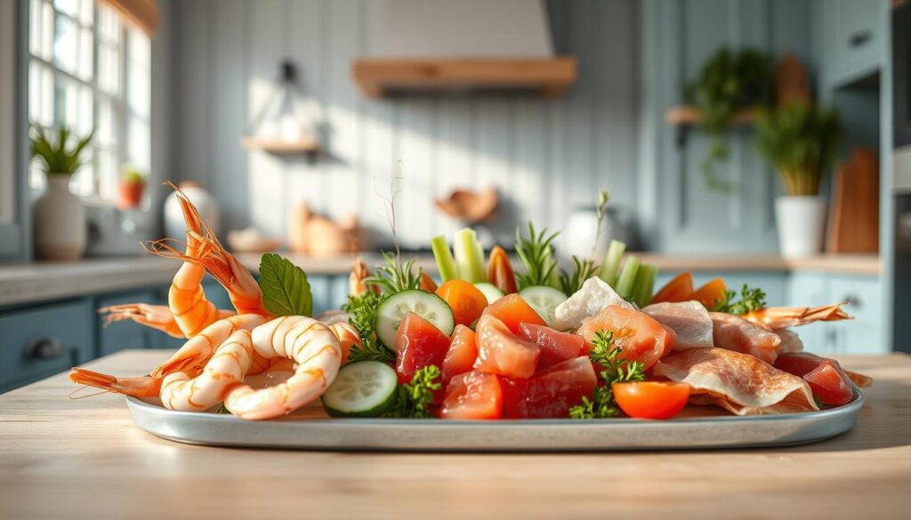 A cozy, minimalist kitchen with light blue accents and wooden textures sets the stage for a visually captivating display of the latest seafood trends. In the foreground, a carefully curated arrangement of fresh shrimp, succulent scallops, and vibrant tuna sashimi takes center stage, their colors and textures enticing the viewer. In the middle ground, a variety of seasonal vegetables, such as crisp cucumbers and juicy tomatoes, complement the seafood, creating a harmonious and refreshing composition. The background features a simple, uncluttered design, allowing the seafood and its accompaniments to shine. Soft, natural lighting illuminates the scene, casting a warm and inviting glow. This image captures the essence of the rise of refreshing cold seafood lunches, showcasing the beauty and versatility of the featured ingredients.