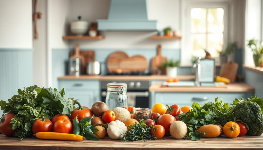A cozy, minimalist kitchen with light blue accents and wooden textures sets the stage for a scene of seasonal recipe adaptations. In the foreground, an array of fresh produce - vibrant vegetables, juicy fruits, and fragrant herbs - are artfully arranged, hinting at the flavorful transformations to come. The middle ground features various cooking implements, from a sleek blender to a sturdy cutting board, suggesting the preparations underway. In the background, a glimpse of a recipe book or tablet hints at the culinary inspiration, while natural light filters in, casting a warm glow over the scene. The overall atmosphere conveys a sense of harmony and creativity, inviting the viewer to imagine the seasonal delights that will emerge from this well-equipped, thoughtfully curated kitchen.