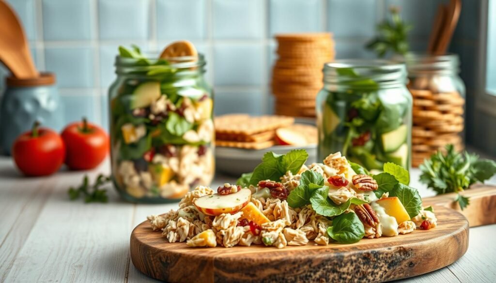 A cozy, minimalist kitchen with light blue accents and wooden textures showcases an artfully arranged selection of creative chicken salad variations. In the foreground, a rustic wooden board displays a vibrant mix of shredded chicken, diced apples, toasted pecans, and creamy dressing. In the middle ground, a glass jar filled with a vibrant green salad featuring chicken, avocado, and dried cranberries rests on the counter. In the background, a stack of whole grain crackers and fresh herbs add pops of color and texture. The scene is illuminated by soft, natural lighting, capturing the appetizing essence of these nutritious and versatile chicken salad dishes.