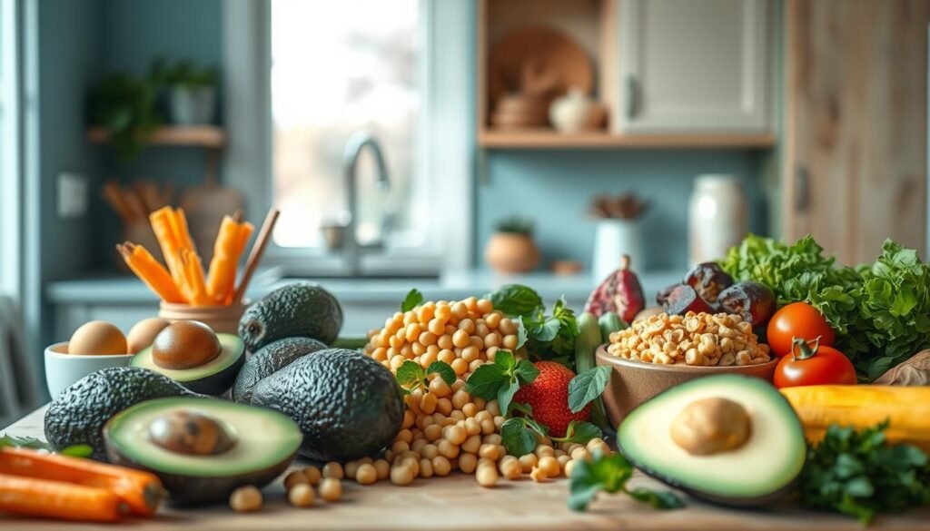 A cozy, minimalist kitchen with light blue accents and wooden textures. An array of fresh avocados, chickpeas, and vibrant vegetables are arranged in a visually appealing manner, creating a harmonious composition. The lighting is soft and natural, highlighting the vibrant colors and textures of the ingredients. The camera angle is slightly elevated, capturing the entire scene in a clean, uncluttered frame. The overall mood is fresh, healthy, and inviting, perfectly reflecting the 