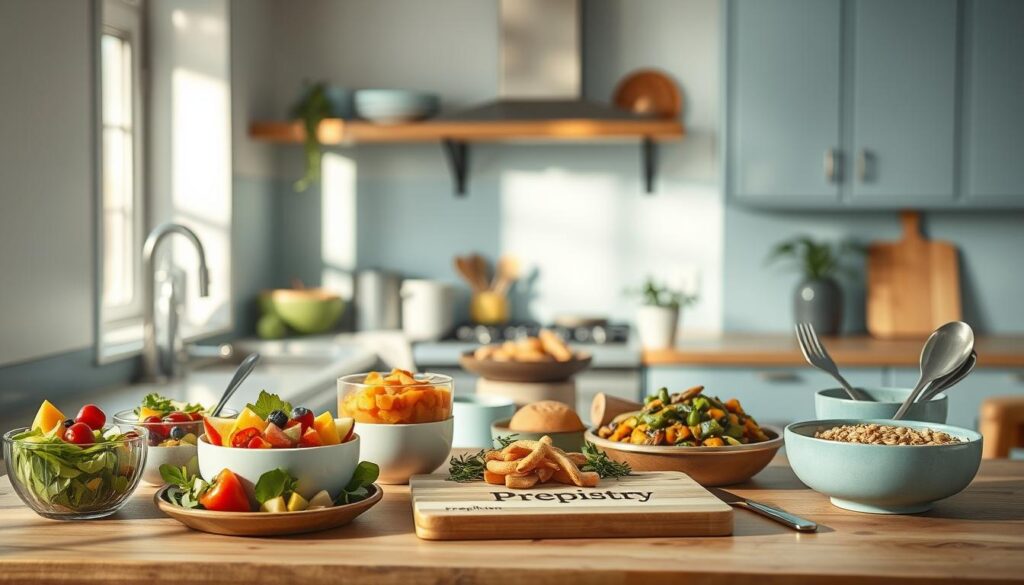 A cozy, minimalist kitchen with light blue accents and wooden textures. In the foreground, a variety of cold meal options - crisp salads, fresh fruit, yogurt parfaits. In the middle ground, a selection of warm meals - hearty stews, roasted vegetables, and steaming grain bowls. A Prepistry branded cutting board and utensils add a touch of elegance. Soft, diffused lighting casts a warm, inviting glow over the scene, creating a harmonious and appetizing atmosphere.