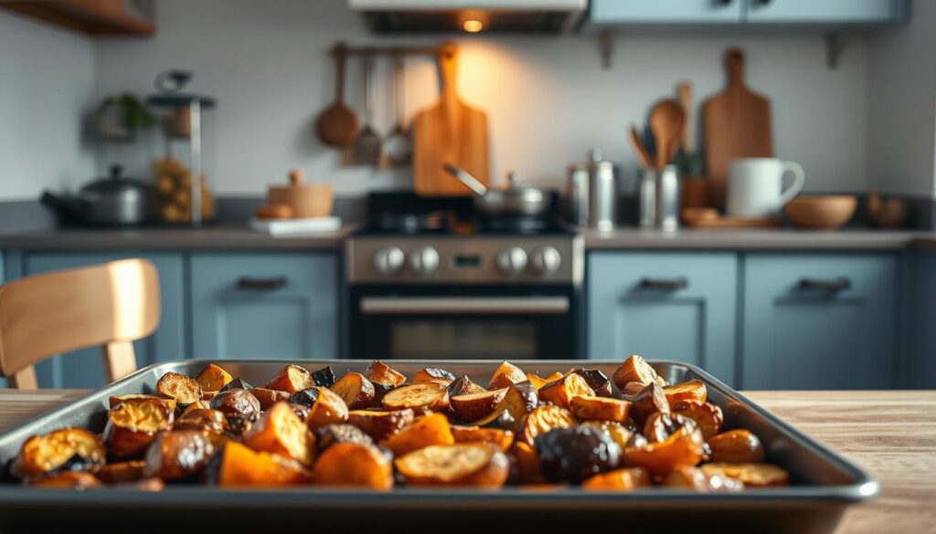 A cozy, minimalist kitchen with light blue accents and wooden textures. In the foreground, a sheet pan filled with roasted vegetables, each piece evenly browned and glistening with natural juices. The pan is illuminated by soft, warm lighting, casting gentle shadows that emphasize the texture and shape of the produce. In the middle ground, various kitchen tools and utensils are neatly arranged, suggesting a thoughtful, purposeful cooking process. The background features clean, uncluttered walls, allowing the subject to be the focal point. The overall atmosphere conveys a sense of care and attention to preserving the nutrient integrity of the ingredients through proper oven preparation.