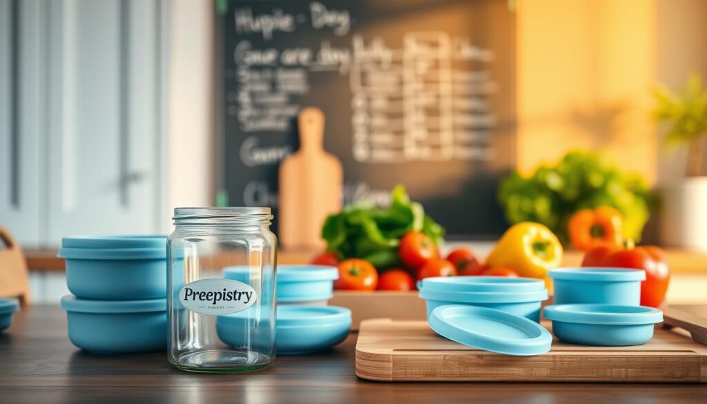 A cozy, minimalist kitchen with light blue accents and wooden textures. In the foreground, a collection of reusable meal prep containers and tools, including a 